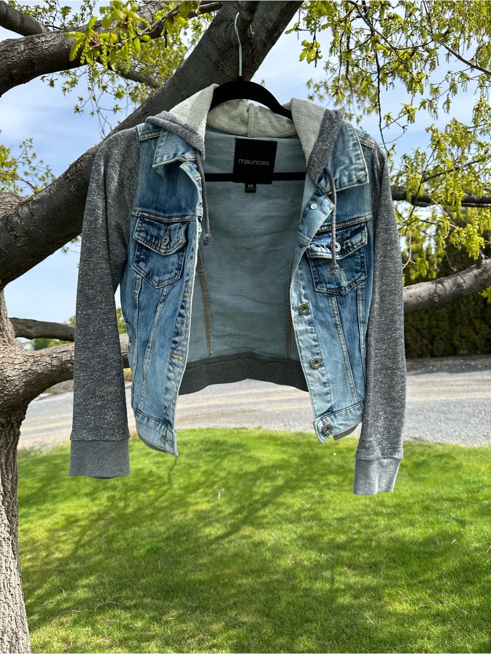 Maurices Light Blue Denim Jacket with Heather Gray Hoodie Sleeves